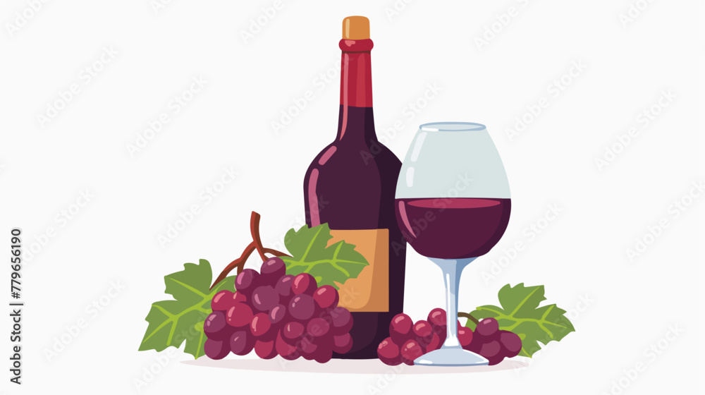 Jug of wine bunch of grape and wineglass flat vector