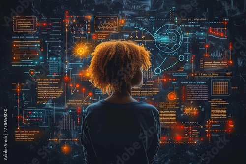 A young girl is engrossed in a dazzling display of futuristic data and holographic imagery, symbolizing advanced technology