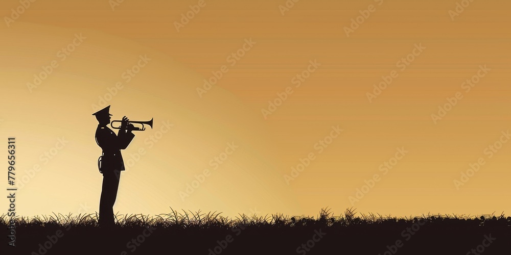 A man is playing a trumpet in a field. The image has a peaceful and serene mood, with the man standing alone in the grassy field