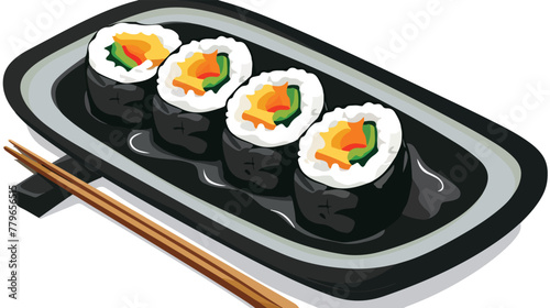 Kimbap seaweed rice roll on black plate with soy sauc