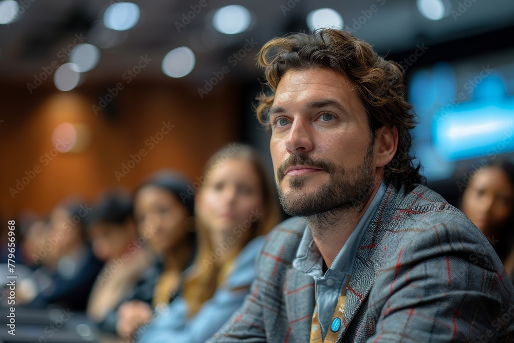 A man with thoughtful expression focused on a lecture in a conference room filled with attendees A man with thoughtful expression focused on a lecture in a conference room filled with attendees