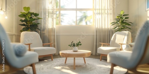 A living room with four white chairs and a coffee table. There is a potted plant on the table and a vase with a flower in it. The room has a cozy