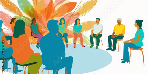 A group of people sitting around a table in a circle. The people are of different ages and genders. Scene is one of togetherness and community