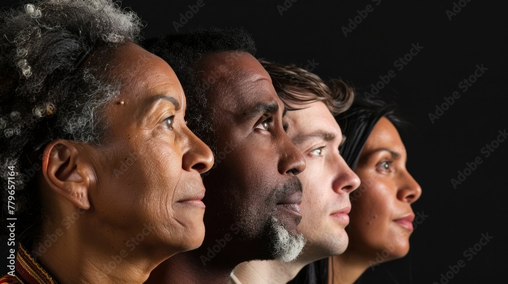Fototapeta premium Diverse group of individuals standing against black background, one person looking left and one looking right