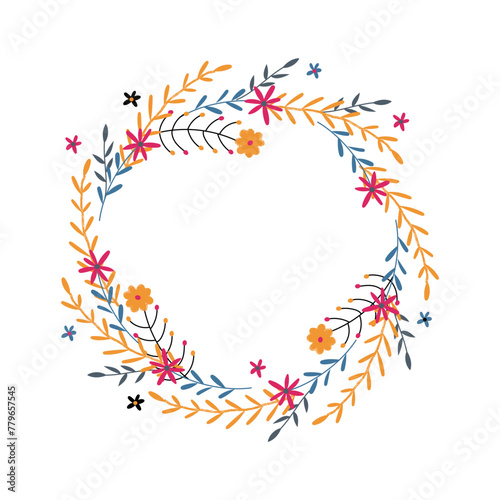 Greeting card card with hand drawn flower wreath on white background. Vector illustration