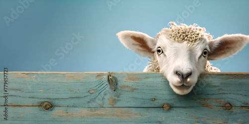 Close - up sheep peeks out from behind a wooden board, on a blue background, banner, copy space. 4K Video photo