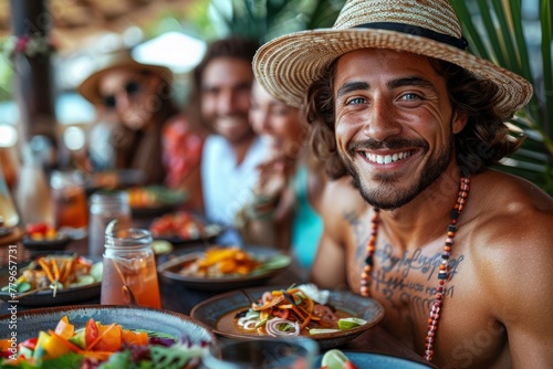 Cheerful man wearing a hat smiling at the camera with a group of friends eating behind him