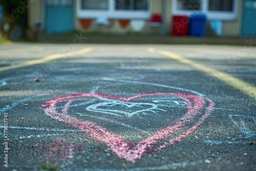 A chalk drawing of a heart shape created on the surface of a parking lot, A nostalgic drawn chalk heart on a school pavement, AI Generated