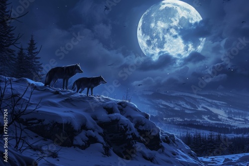 Two wolves, their silhouettes illuminated by moonlight, stand atop a snow-covered hill on a wintry night, A pack of wolfs on a distant, snow covered hill under a moonlit night, AI Generated © Ifti Digital