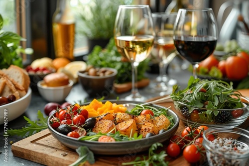 A salad with tomatoes and greens served alongside red and white wine makes for a perfect meal setup
