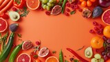 Circle of assorted fruits and vegetables on orange background with copy space