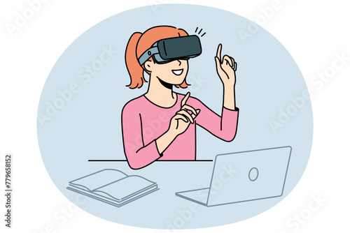 Smiling girl child sit at desk studying with VR glasses. Happy kid in virtual reality headset use stimulator for learning. Education and technology. Vector illustration.