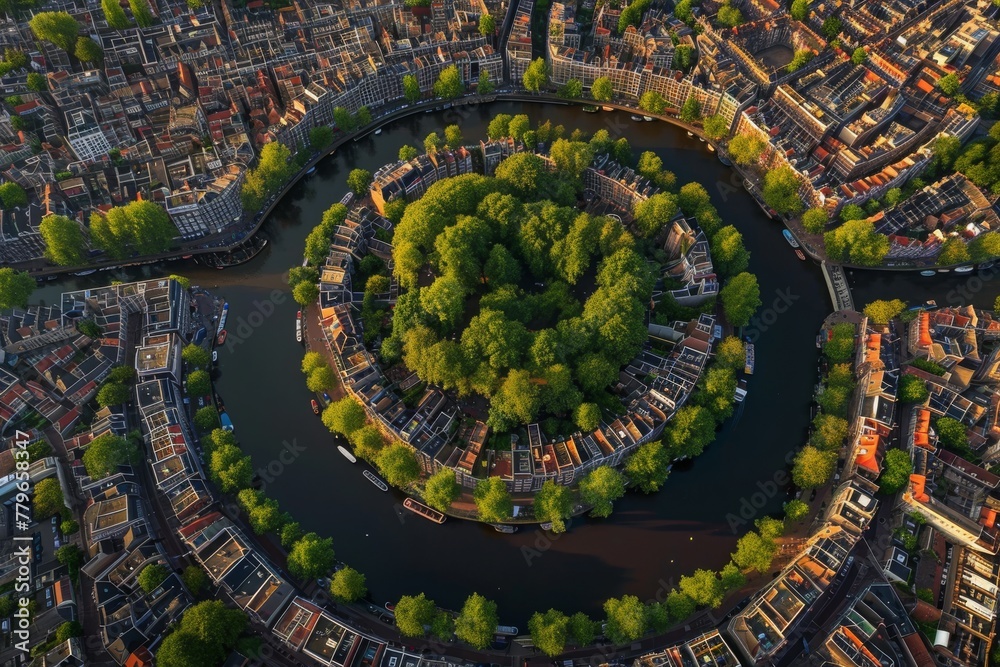 Aerial View of a City With a River, A panoramic aerial view of Amsterdam's canal ring, AI Generated