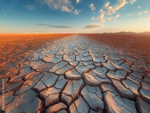 A desolate, dry, and cracked desert landscape with a blue sky in the background. Concept of emptiness and desolation, with the vast expanse of the desert stretching out in all directions photo