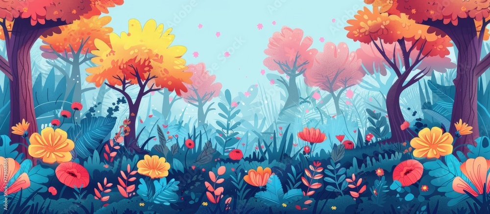 An artistic cartoon illustration of a natural landscape with trees, flowers, and grass. The sky is clear, and colorful petals in magenta create a vibrant event