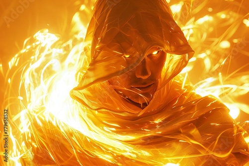 A figure wrapped in a cloak of fiery sunlight, their gaze intense and allseeing, as if they hold the power of the sun itself within them , unique hyper-realistic illustrations photo