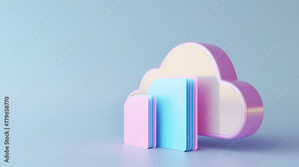 Pastel cloud with folders representing data storage on a minimalist blue background. - obrazy, fototapety, plakaty 