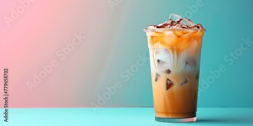 Iced caramel latte, macchiato, coffee with whipped cream and caramel syrup in glass with ice cubes on pastel colorful background, copy space