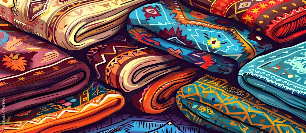 A stack of vibrant blankets arranged in a pattern resembling a painting by a fictional character. The mix of electric blue and magenta hues creates an artistic display at a visual arts event A stack of vibrant blankets arranged in a pattern resembling a painting by a fictional character. The mix of electric blue and magenta hues creates an artistic display at a visual arts event
