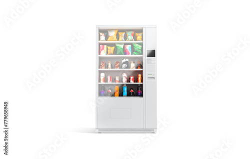 Blank white vending machine with snacks and drinks mockup, isolated