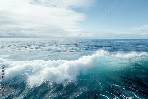 This photo captures a large body of water with a prominent wave forming in the center  A panoramic view of a peaceful ocean with rolling waves  AI Generated