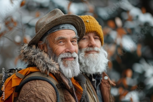 Two elderly men with beards wearing hats and warm clothing smile outdoors in a winter setting © Larisa AI