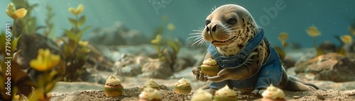 Charming seal farmer in a denim overall, carefully planting cupcake seeds in a sandy underwater field , high detailed