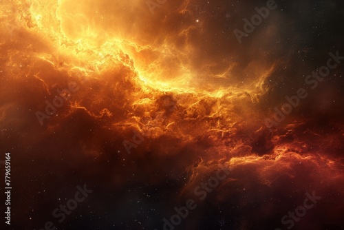 A stunning image capturing an orange and yellow cloud adorned with twinkling stars against a dark backdrop  A panoramic view of cosmic cloud displaying warm and cool tones  AI Generated