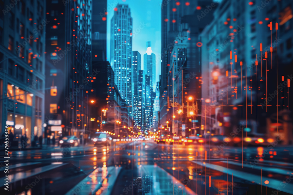 Financial chart graph shining in the city with business and blurred night scene in the background. Financial chart graph shining in the city with business and blurred night scene in the background.