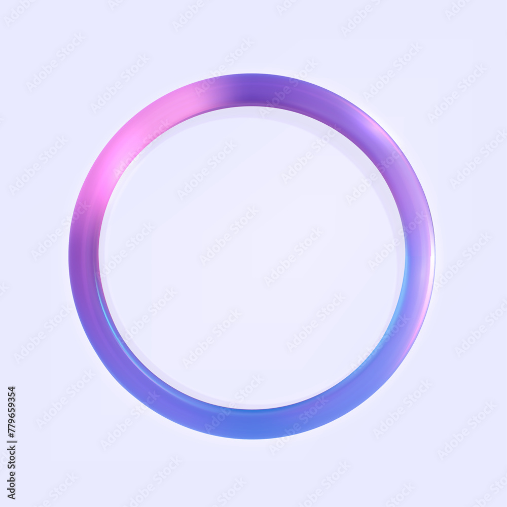 Circle colorful with transparency. Luminous circular frame isolated on a white backdrop. Electric vibrant 3D circular portal, neon lamp, and banner in shades of purple, blue, and pink.	
