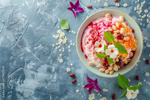 Top view of Ice Kacang a Malaysian dessert with shaved ice ice cream peanuts red beans milk red syrup and jelly photo