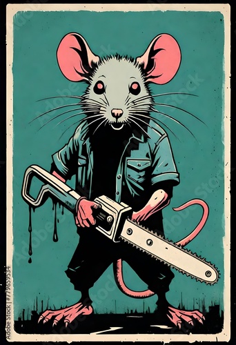 a 
 cartoon vintage gig poster featuring a rat holding a chainsaw
