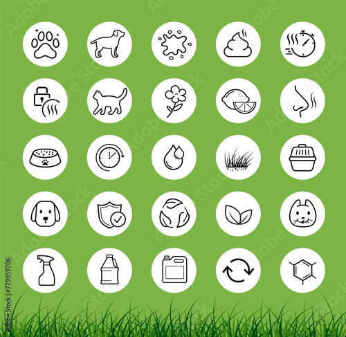 Set icons for urine odor eliminator, remover. The outline icons are well scalable and editable. Contrasting vector elements are good for different backgrounds. EPS10.