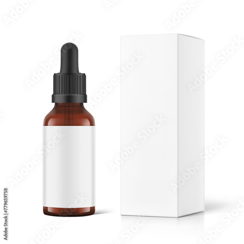 Realistic cardboard packaging box mockup with dropper bottle mockup isolated on white background. Vector illustration. Сan be used for cosmetic, medical and other needs. EPS10.