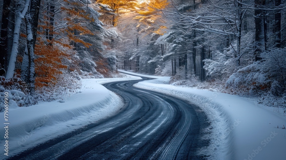 Snowy road in forest with extreme winding Road