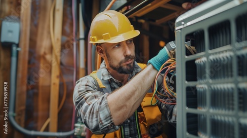 Craft a professional image showcasing an AC electrician technician expertly repairing an air conditioner.  