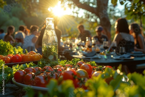 An alfresco dining experience featuring a table laden with fresh produce, with friends gathered around enjoying the golden hour photo