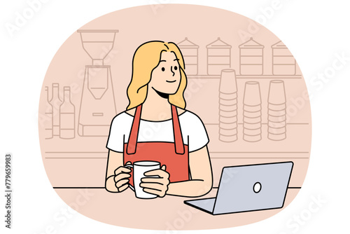 Smiling waitress in apron drink coffee at break in cafe. Happy women coffee shop owner enjoy drink in own coffeehouse. Vector illustration.
