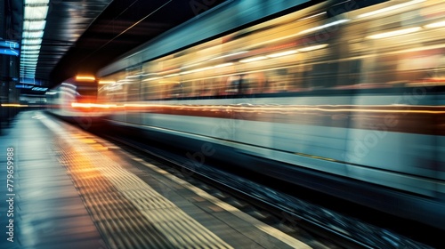 A blurred motion image of a train in a train station at night with dynamic motion blur effect in transportation concept