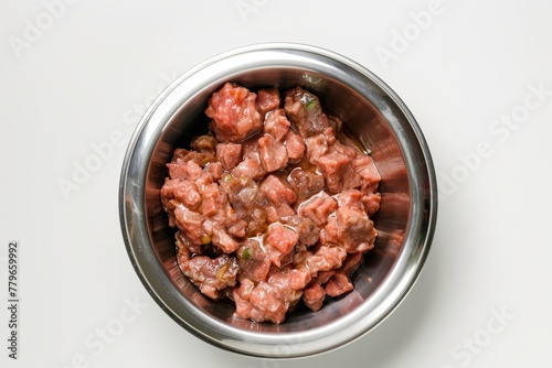 Top view of wet pet food in bowl on white background