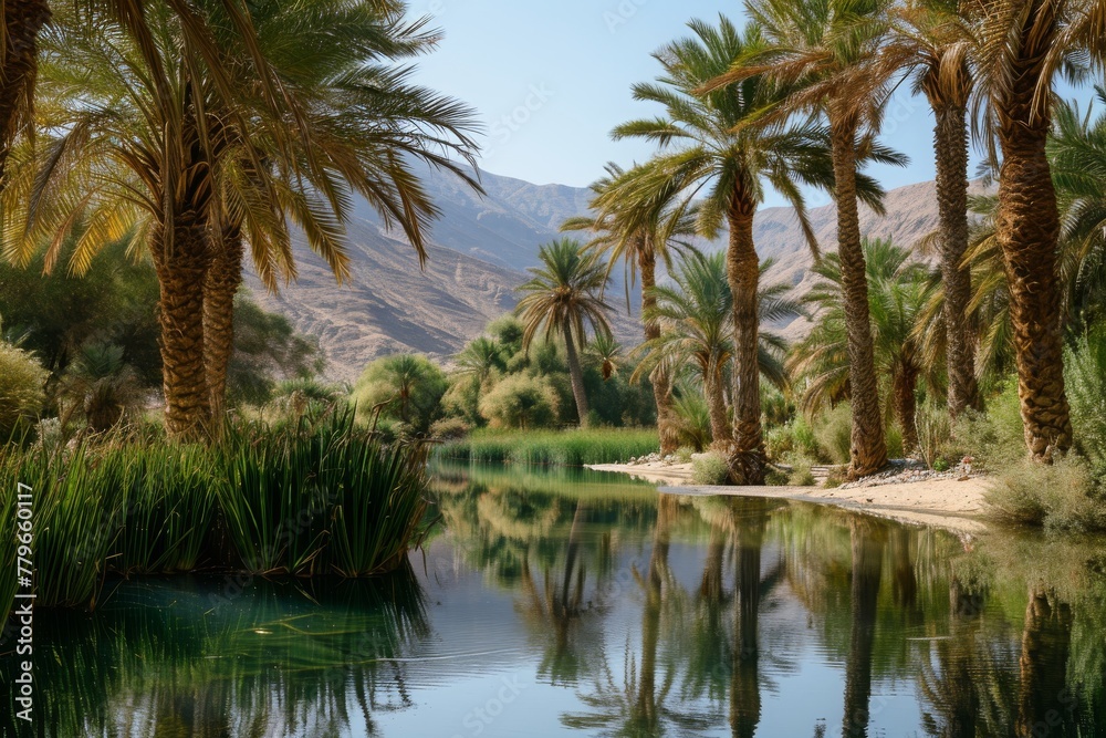 A serene body of water in the midst of towering palm trees, creating a tranquil oasis, A peaceful oasis surrounded by date palms, symbolizing serenity and connection, AI Generated
