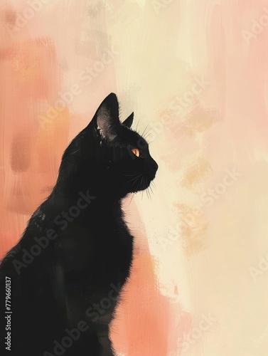 Folk art illustration of a black cat against pastel hues, low angle, soft lighting 