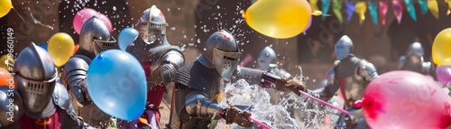 In a twist of history, medieval knights clash, laughter filling the air as water balloons explode like colorful bombs photo