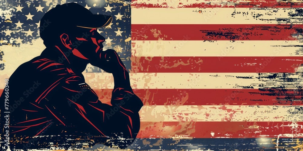 Obraz premium A man is sitting in front of an American flag. He is looking at the flag with a thoughtful expression