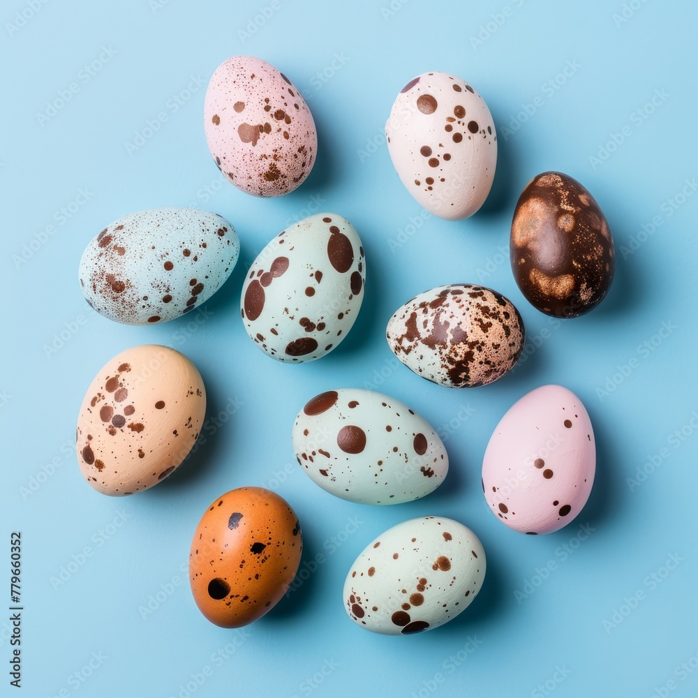 Top view of colorful easter quail eggs on the blue pastel background. Easter celebration concept. Colored quail eggs. Generative ai.