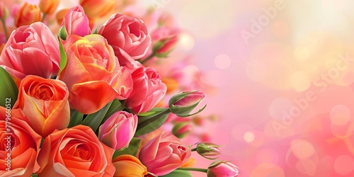 A bouquet of roses and tulips with a pink background. The flowers are arranged in a way that they look like they are in a vase. Scene is romantic and elegant © kiimoshi