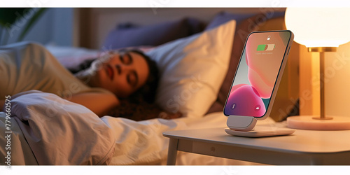 A woman sleeping peacefully in bed while her cell phone charges next to her on the nightstand. Health, rest, radiation and cell phone.