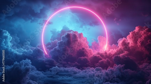 A neon circle in water surrounded by colorful smoke on a dark sky background