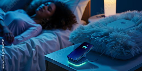 A woman sleeping peacefully in bed while her cell phone charges next to her on the nightstand. Health, rest, radiation and cell phone.