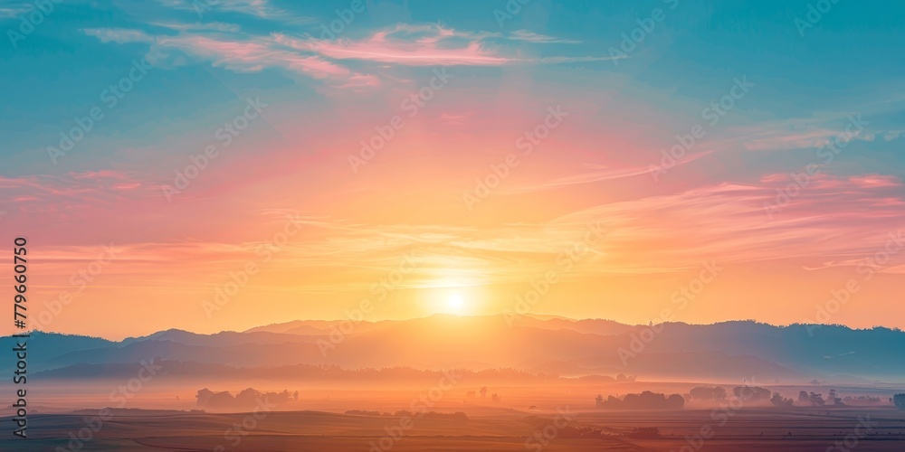 A beautiful sunrise over a mountain range with a bright orange sun in the sky. The sky is filled with clouds, creating a serene and peaceful atmosphere